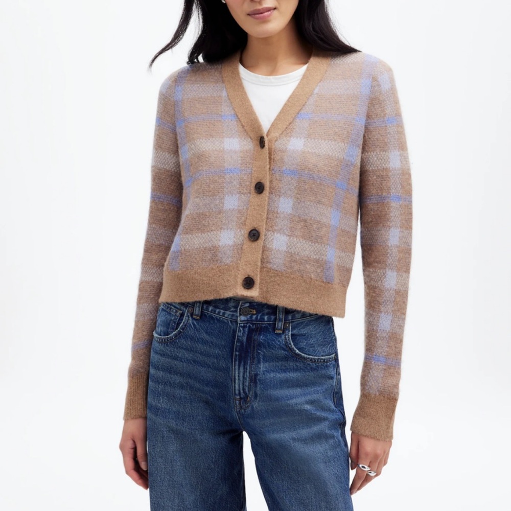 Madewell Beige and Light Blue Alpaca Blend Plaid V-Neck Cardigan